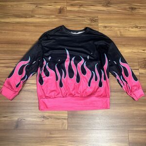 Flame Graphic Sweatshirt Womens Large Black Pink Streetwear Y2K